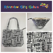 Medium Tote Bag with Zip- Sewing Words on White Medium Tote Bag with Zip- Sewing Words on White